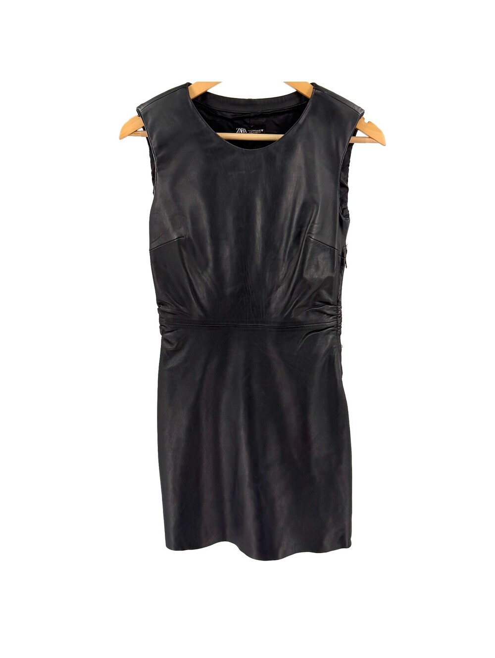 Zara Black Genuine Leather Padded Shoulder Mini Dress